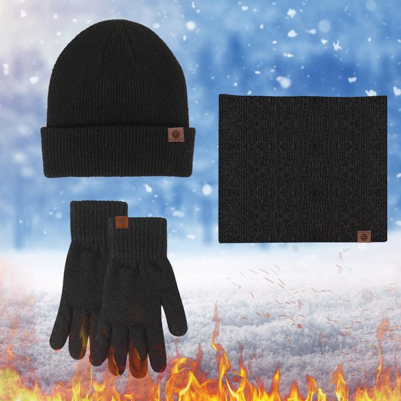 Winter Black Men Women Hat Warmer Scarf Touchscreen Gloves Set Neck Thick Knit