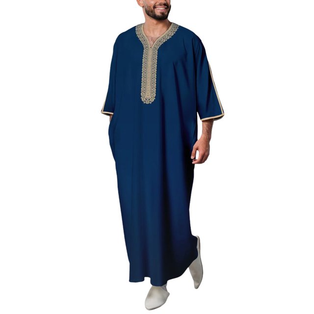 Afdoent Shirts For Men Male Embroidered With Side Pockets Ethnic Style Long Robe Middle Border Trade Fashion Classic