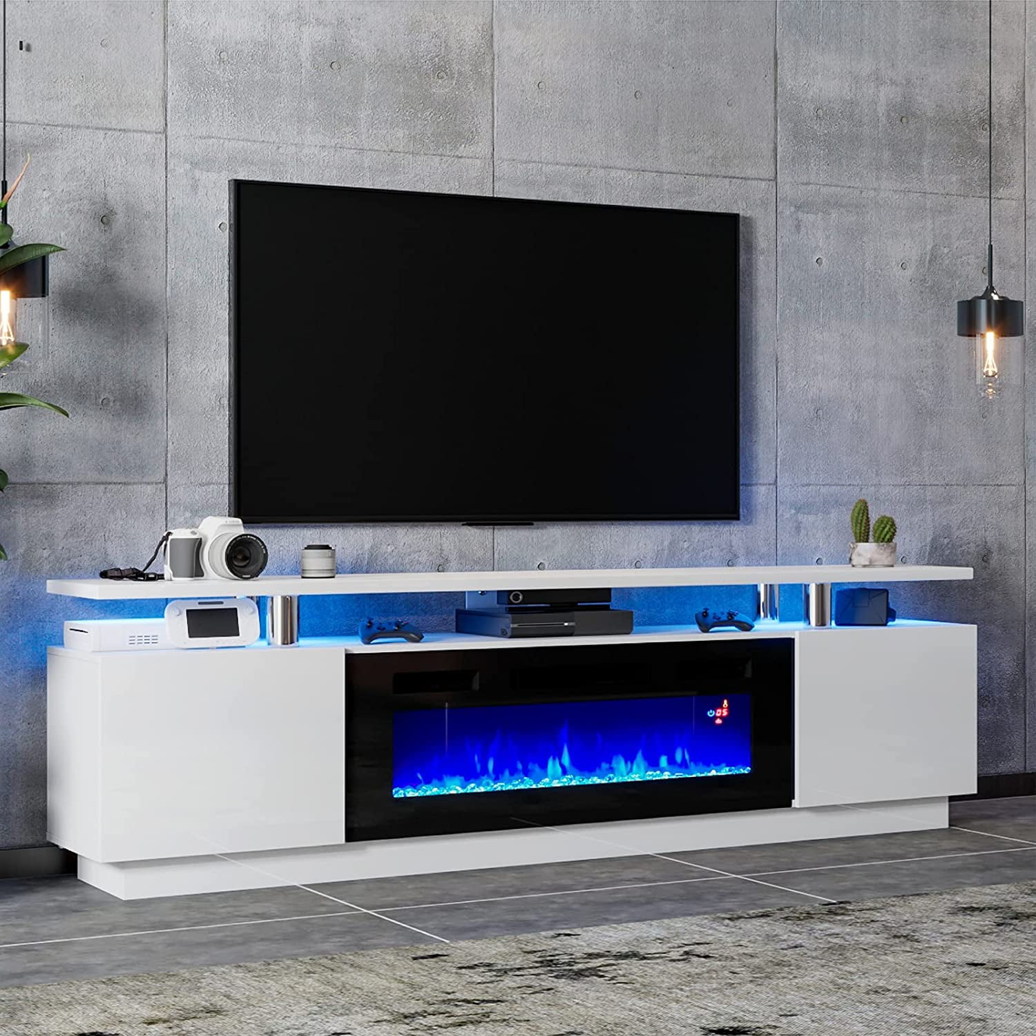 LUXOAK Modern Fireplace TV Stand with 36" Electric Fireplace, High
