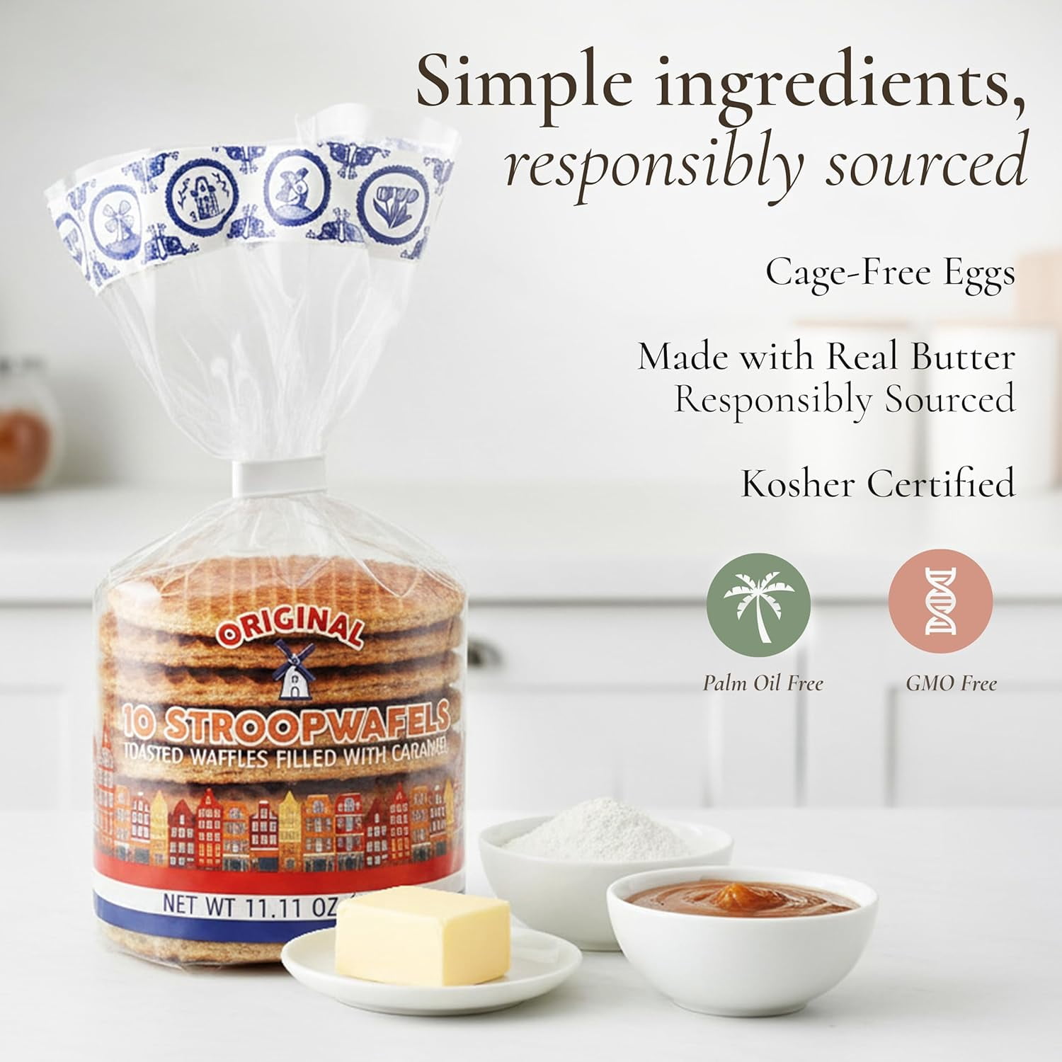 Le Chic Patissier 50 Caramel & Vanilla Stroopwafels Soft Toasted Pack of 5 (11.11oz each) Original Dutch Caramel Waffle Recipe non-GMO perfect snack biscuit