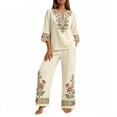 thumbnail image 6 of Floleo Women Boho Two Piece Outfit V Neck 3/4 Sleeve Floral Print Top Wide Leg Pants Vacation Matching Set, 6 of 7