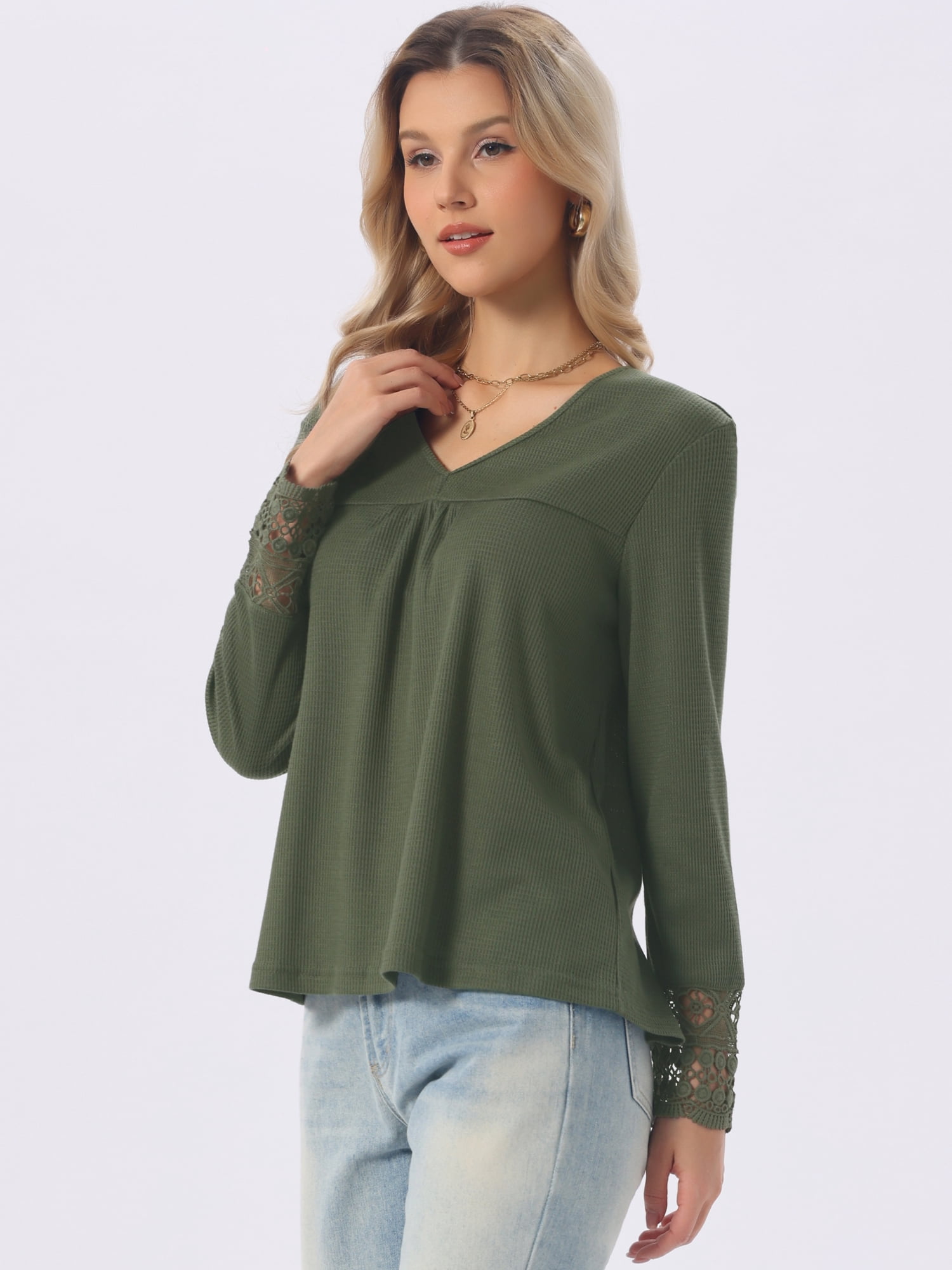 DARING DIVA Women's Long Sleeve V Neck Casual Tops Lace Blouses L Army Green