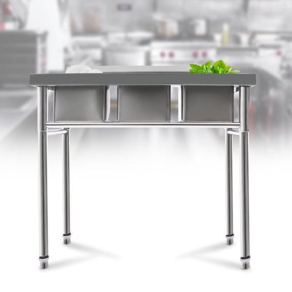 Rectangular Free Standing Three Bowl Sink, Commercial Restaurant Kitchen Sink Set with Faucet&Drainboard, Utility Washing Hand Basin with Workbench&Storage Shelves for Indoor Outdoor (3 Bowls)