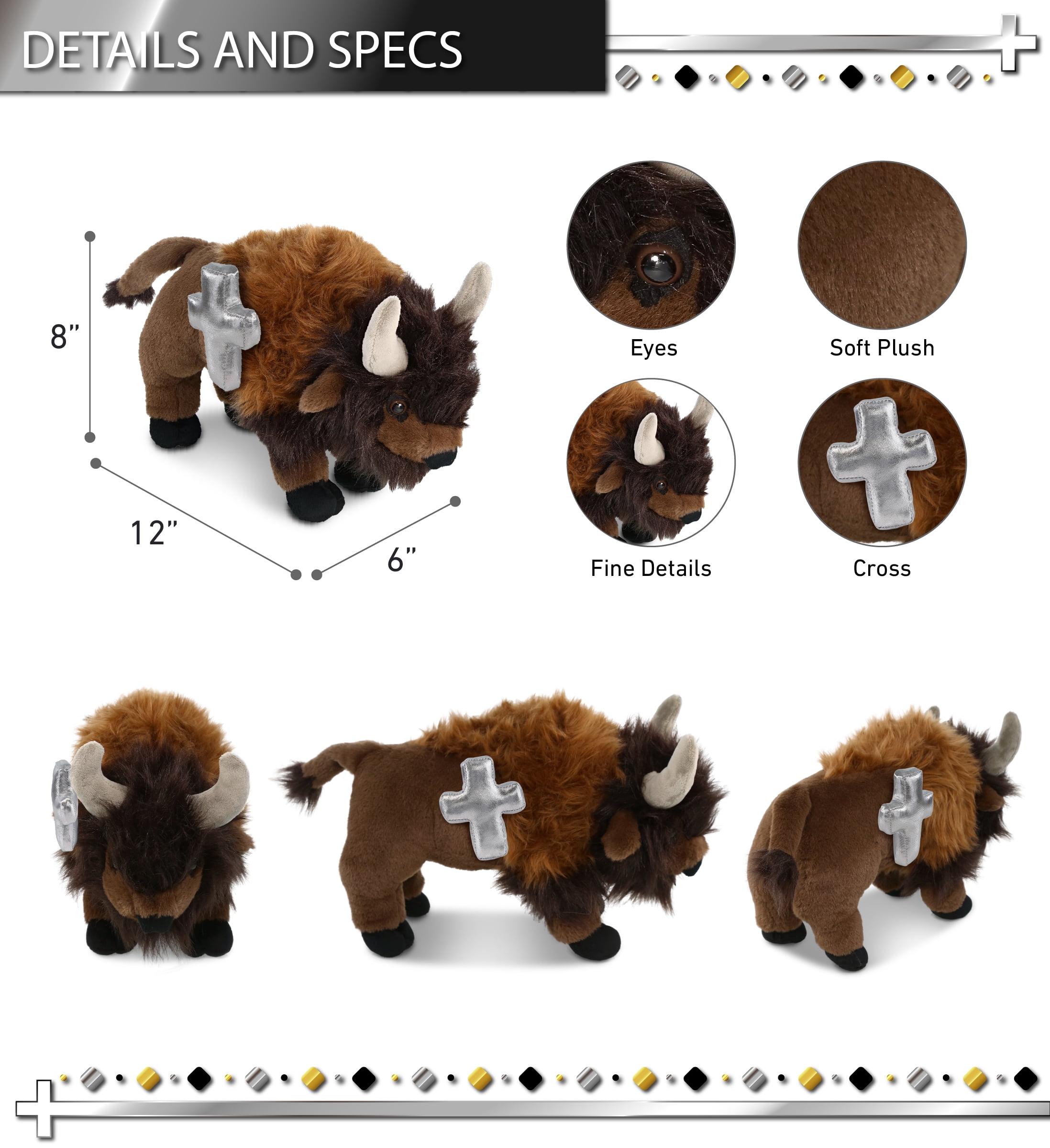 DolliBu Super Soft Buffalo Stuffed Animal with Silver Cross Plush - Religious Baptism Gifts for Boys and Girls, Dedication Christening Gifts Plush Prayer Toy Healing Stuffed Animal - 13 Inches