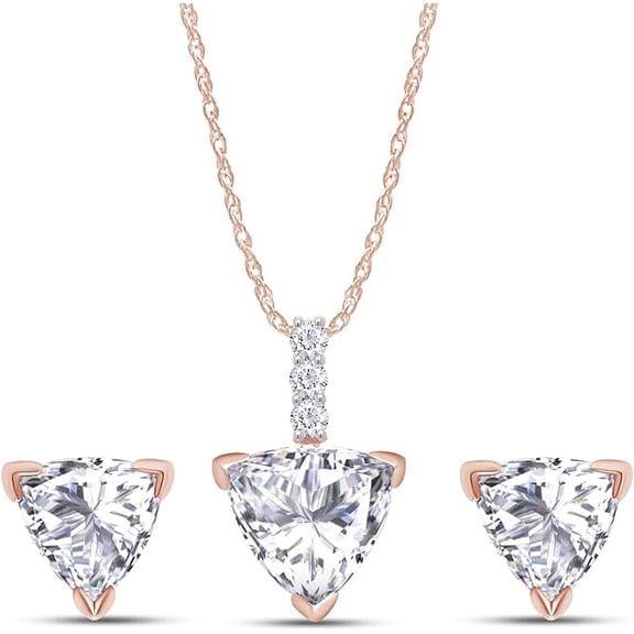 925 Sterling Silver 14K Rose Gold Finish Trillion Cut White Diamond Solitaire Pendant & Stud Earrings Jewelry Set for Women