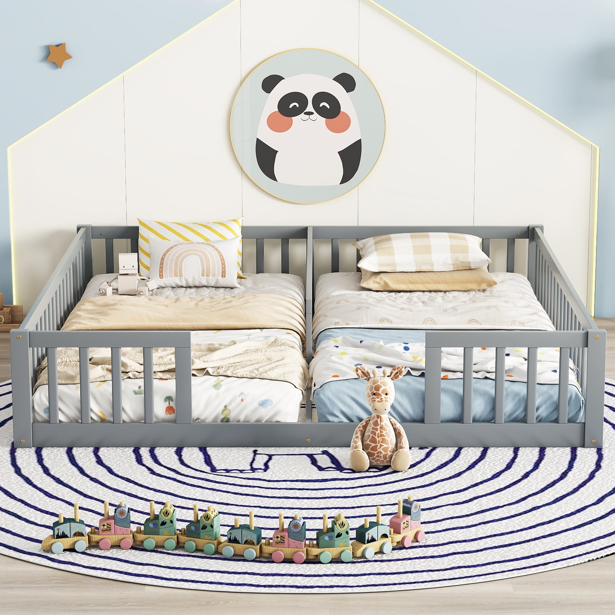 Euroco Wood Double Twin Size Bed, 2 Floor Beds in One with Guardrails, Gray