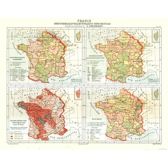 Historic Map - France Industries Monuments - Cortambert 1880 - Vintage Wall Art