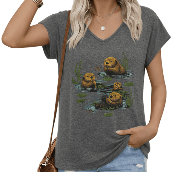 UNISHE Womens Colorful Otter Nature Print V Neck Top Casual Summer Short Sleeve Tee