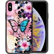 Compatible with iPhone Xs Max Case,Pattern Design Hard PC Back Cover Non-Slip Soft TPU Protective Case for iPhone Xs Max for Women 6.5inch-Pink Blue Butterfly