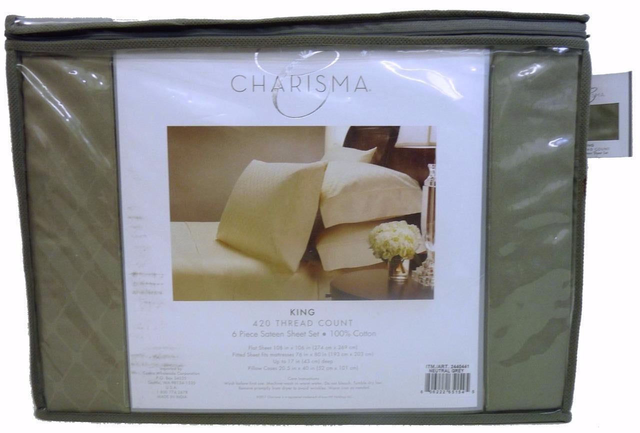 Charisma 6 Piece 100 Cotton Sateen Sheet Set, King 420 TC, Neutral