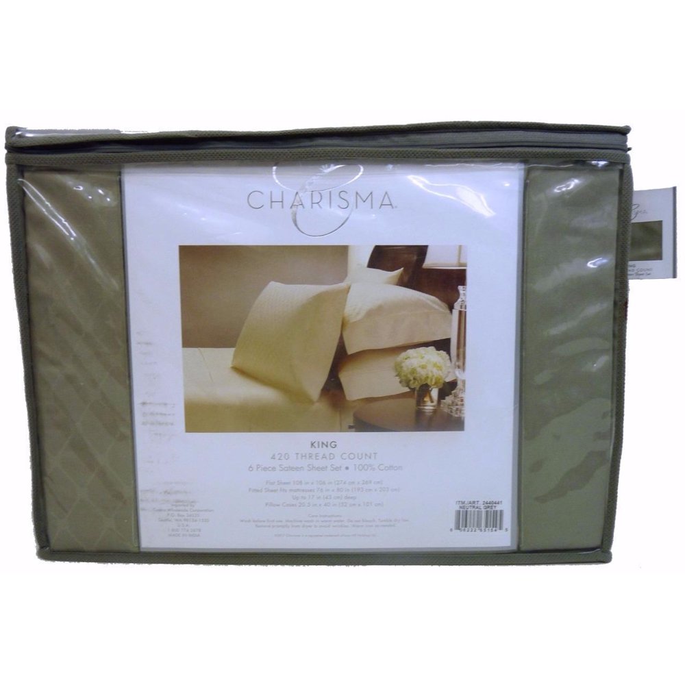 Charisma 6 Piece 100 Cotton Sateen Sheet Set, King 420 TC, Neutral