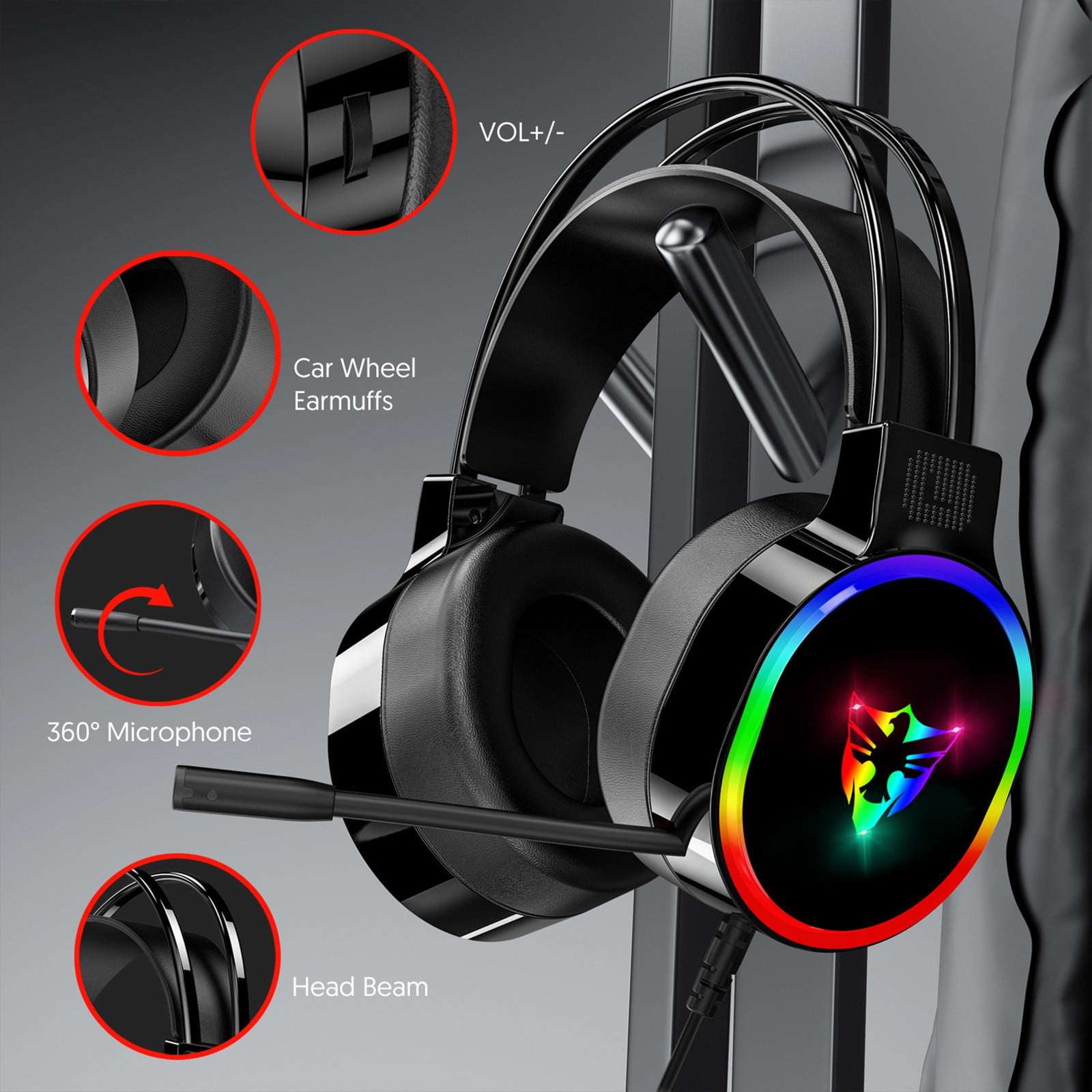Rgb Gaming Headset With Mic Over-Ear Headphones Surround Sound Game Movie Headphones Black Free Size
