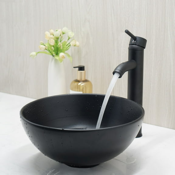 13" Bathroom Ceramic Vessel Sinks Black Round Basin Bowl Combo Faucet Drain Set