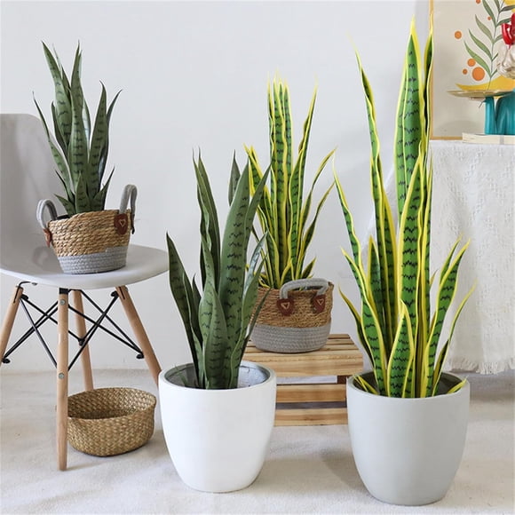 OUYAWEI Artificial Snake Plant with Pot, Fake Potted Sansevieria Plant, Tropical for Indoor Outside Living Room Home Office Garden Decor