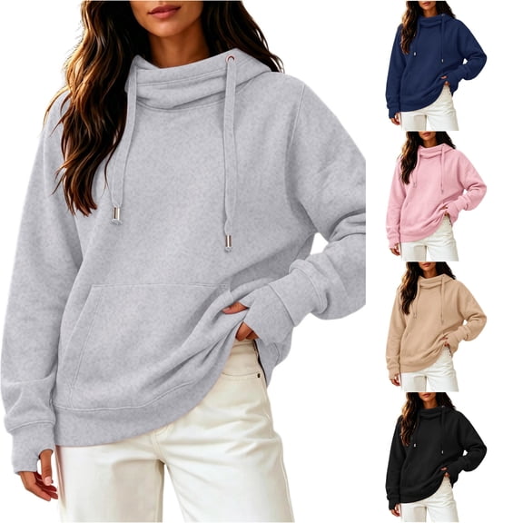 CAIVO Long Sleeve Hoodies For Women Casual Solid Color Pullover Hoodie With Thumb Hole High Neck Side Pockets Sweatshirt Tops Running Dailywear