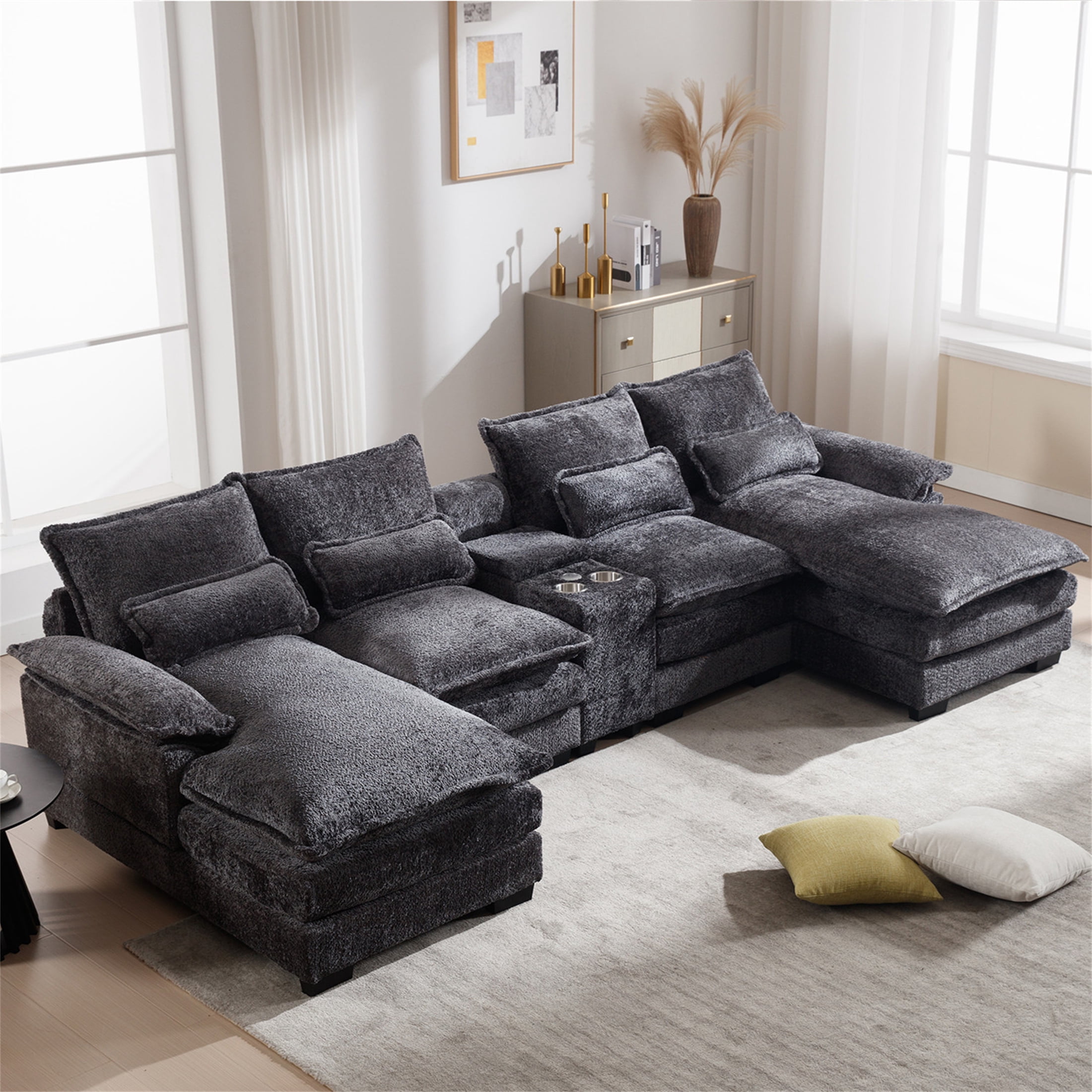 Aukfa 123" Oversized Sectional Sofa U-shaped Couch w/ Cupholder Console & USB Port for Living Room, Chenille, Gray