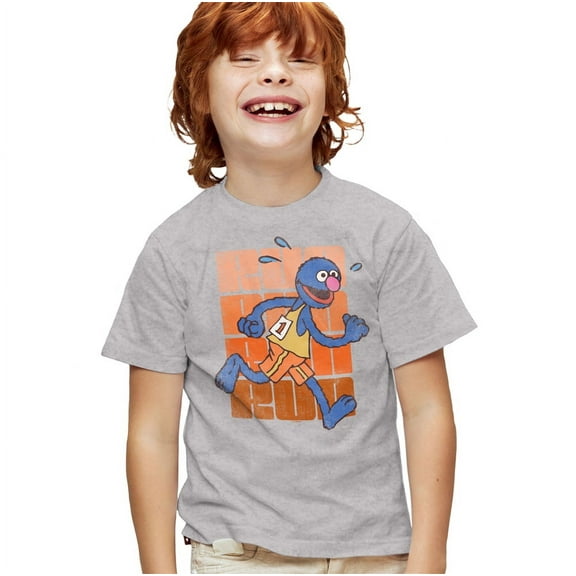 Sesame Street Run Run Grover Kids T Shirt for Youth Boys and Girls, Athletic Heather, Small