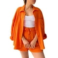 thumbnail image 2 of Womens Plus Size 2 Piece Outfit Spring Crinkle Long Sleeve Lapel Collar Shirt with High Waist Drawstring Shorts Orange XXL, 2 of 5