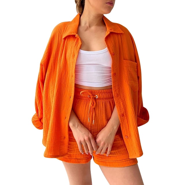 Fgnfyis Ensemble Décontracté 2 Pcs pour Femmes, Chemise à Manches Longues Col Rond Taille Haute avec Cordon, Shorts, Orange m