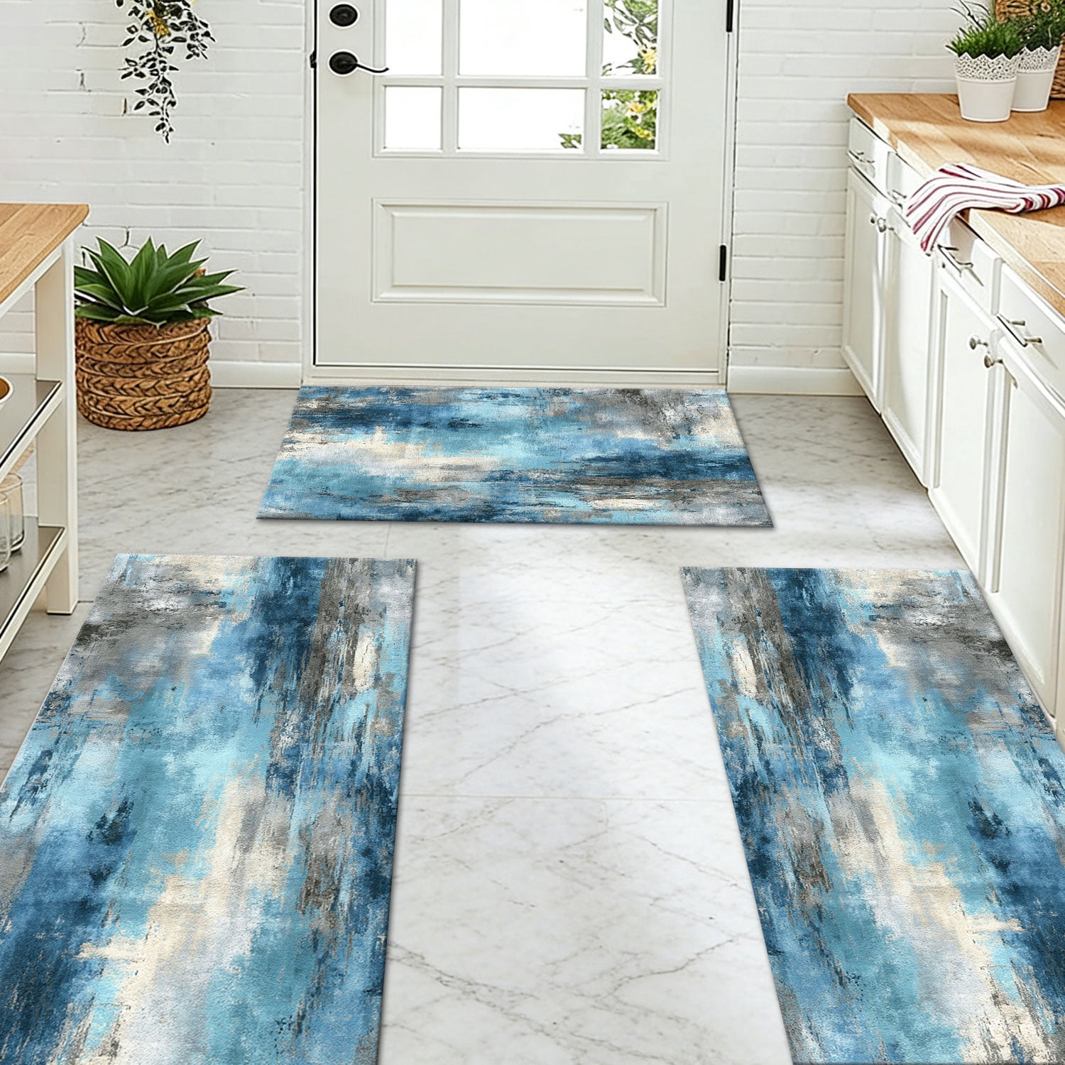 3 Piece Kitchen Rug Set, Non-Slip And Washable, Abstract Pattern Kitchen Hallway Rug, Soft And Comfortable, Suitable For Sinks, Floors, Entrances, Hallways and Bathrooms