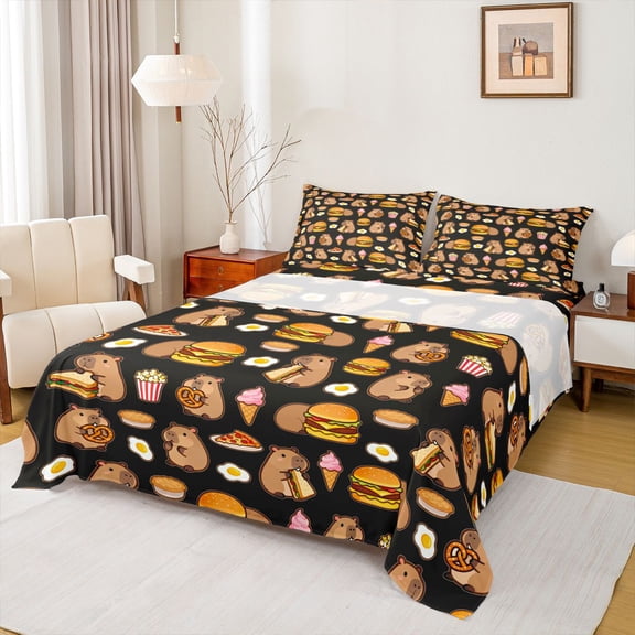 Homewish Black Cartoon Capibara Full Size Sheets, Fast Food Hamburger Bed Sheets, Teens Kids Boys Girls Sheet Sets, Microfiber Bedroom Decor, 4 Pieces