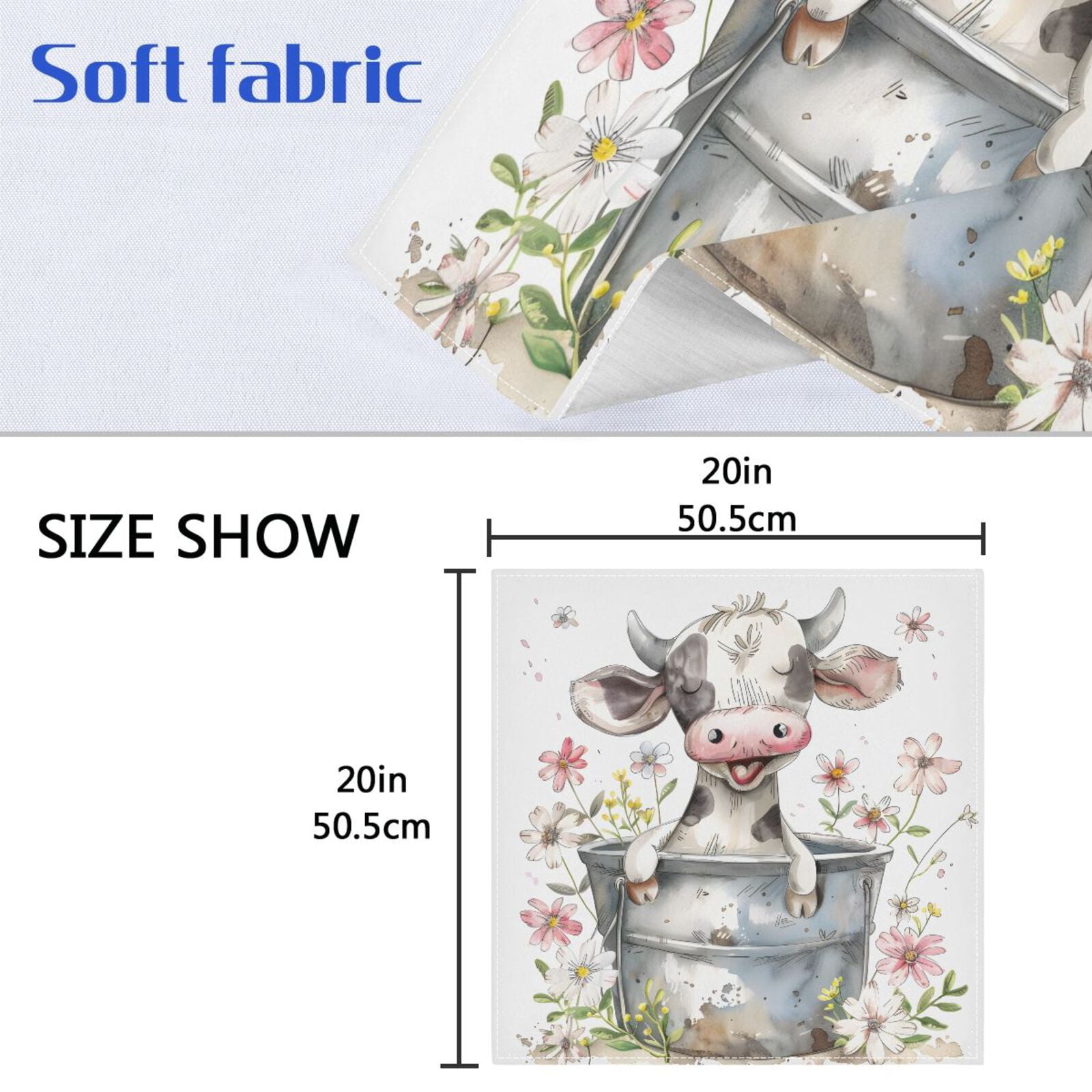 JSTEL Cute Baby Cow Daisy Cloth Napkins Set of 6, 20x20 Inch Washable and Reusable Napkin for Decoupage Dinner Party Everyday Use
