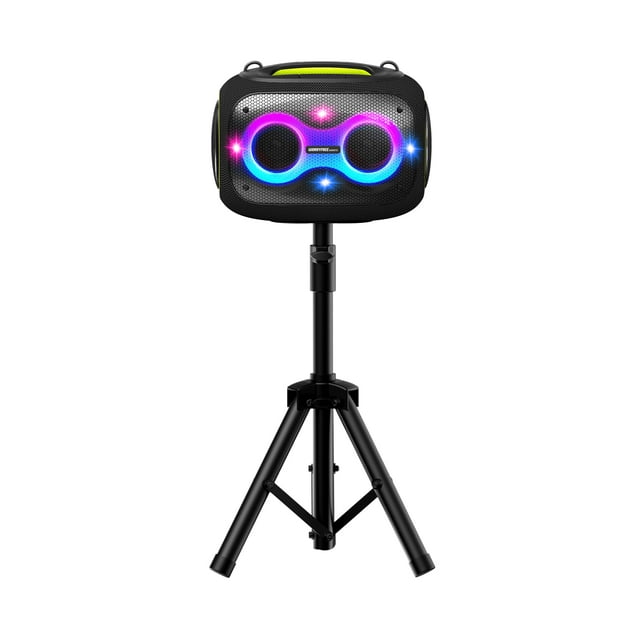 Portable Bluetooth Speaker with 2 Microphones & Tripod, 120W Output, Upto10H Playtime, On-The-Go Party Box Karaoke with Built-in RGB Lights Strong Vibration IPX6 Splashproof (Black)