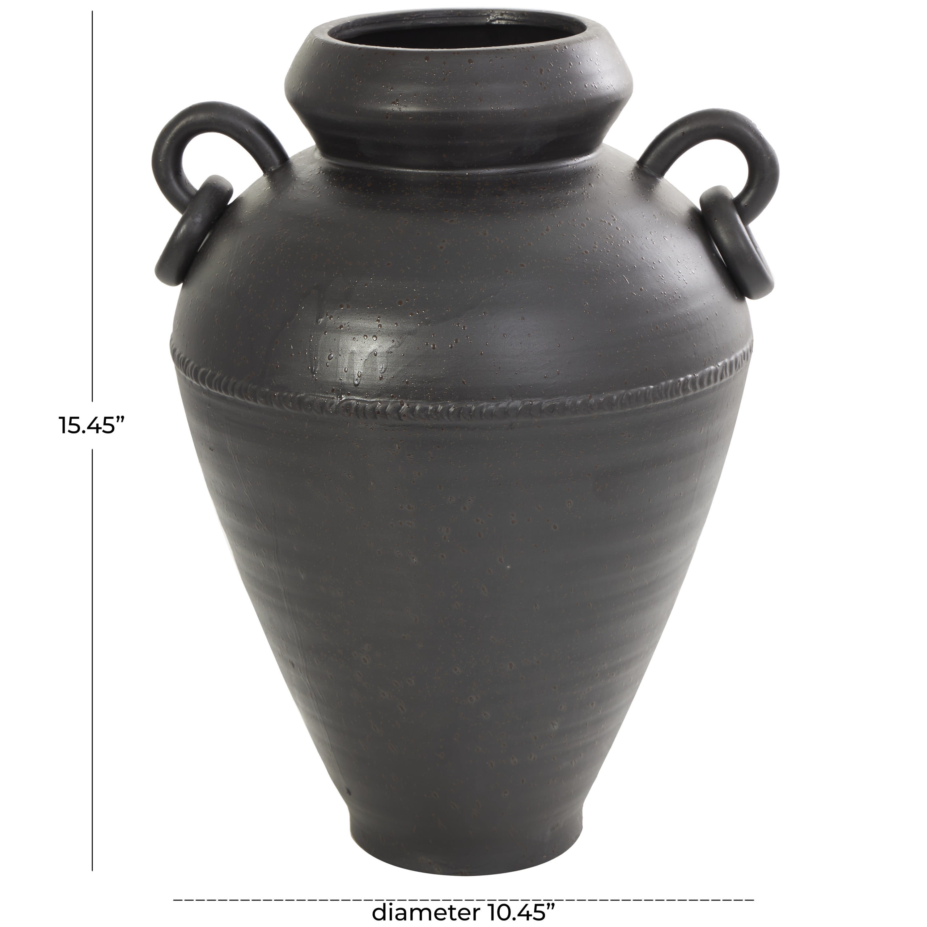 DecMode 15" Amphora Black Ceramic Vase with Speckled Texture and Ring Handles