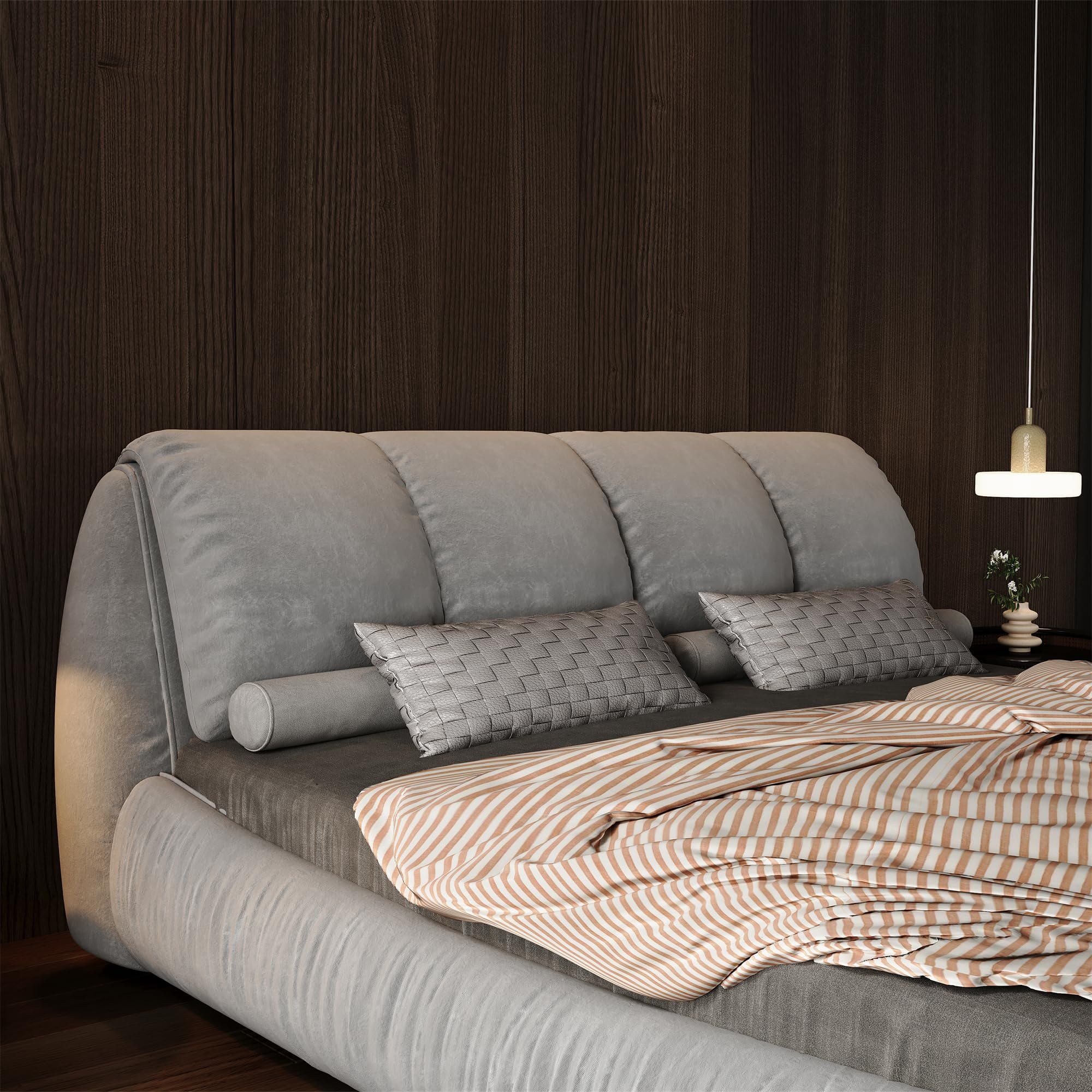 King Bed Frame And Headboard,Upholstered Platform Bed With Oversized Padded Backrest And Solid Wood Bed Frame For Bedroom,Apartment Room,Gray