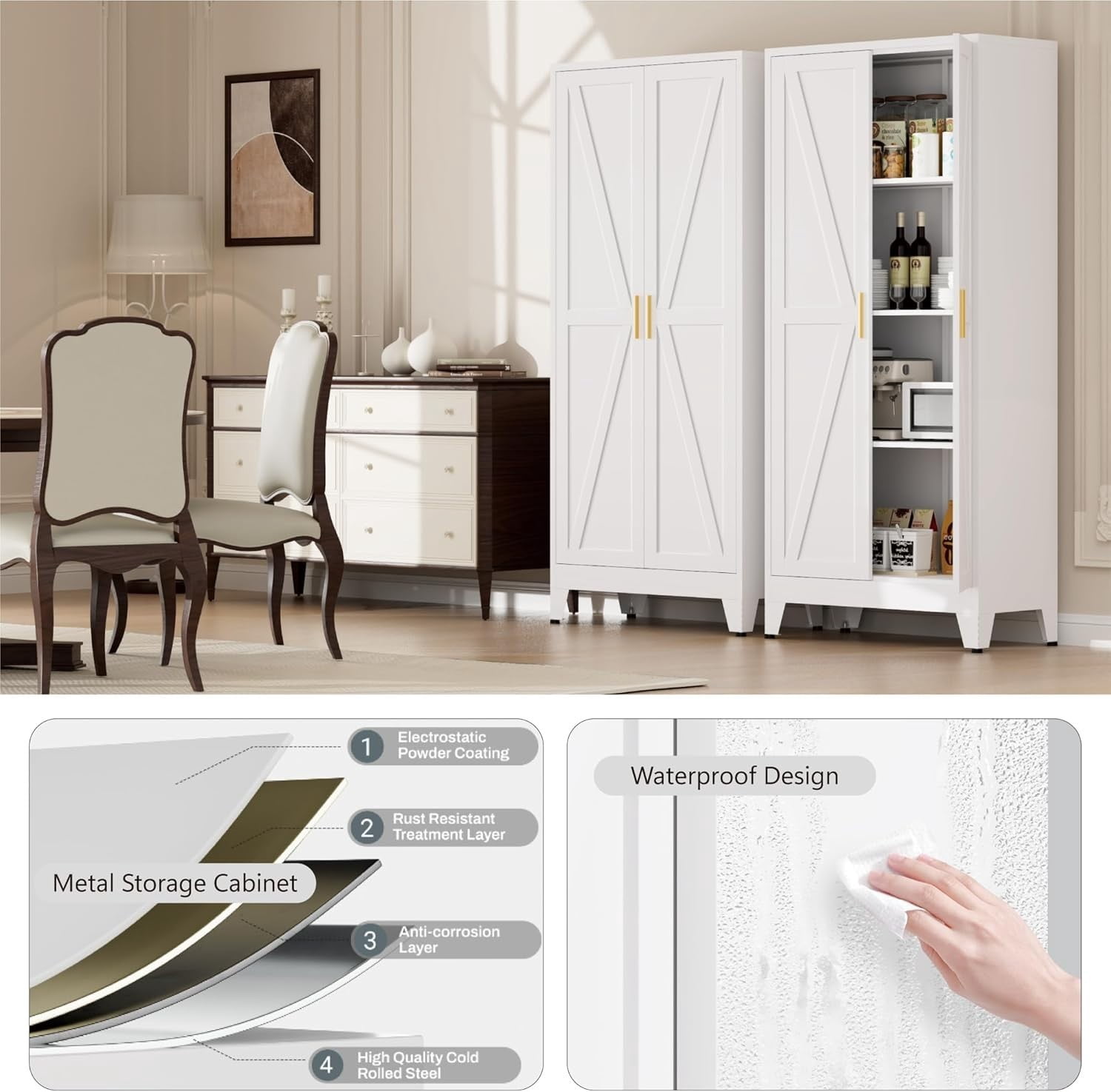 WDZS Large Metal Kitchen Pantry Cabinet with Adjustable Shelves - Freestanding Kitchen Storage Cabinet for Dining Room,Livingroom Bathroom, Hallway, Workshop, Office,White
