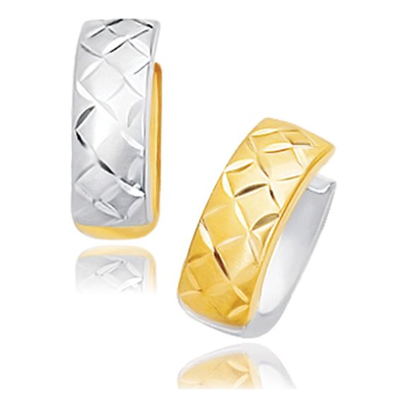 14k Two-Tone Gold Reversible Quilted Hinged Hoop Huggie Earrings