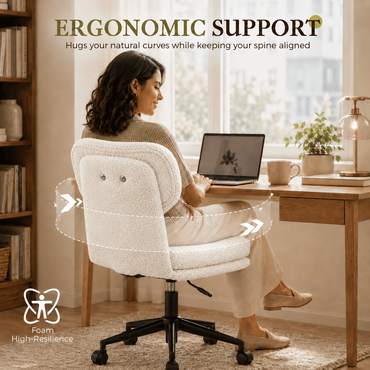 CLOUDREST PRO Mid Back Office Chair with Wheels, Armless Chairs with Adjustable Height, Wider Seat and Backrest, Sherpa Fabric Computer Desk Chair for Bedroom, Living Room,White