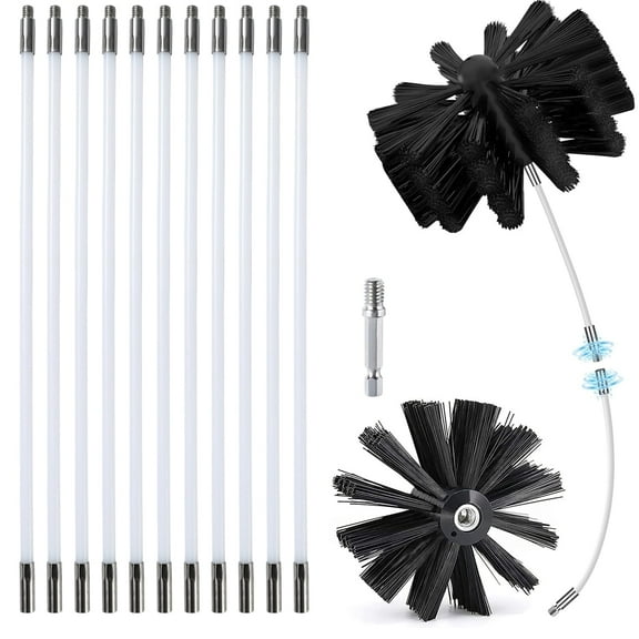 15FT Chimney Sweep Cleaning Kit, 13pcs Duct Vent Cleaning Brush Kit, 3.9" Nylon Brush Heads and 11 Rods Detachable Chimney Sweep Set for Fireplace Dryer Vent Sewage Pipe Fume Hood