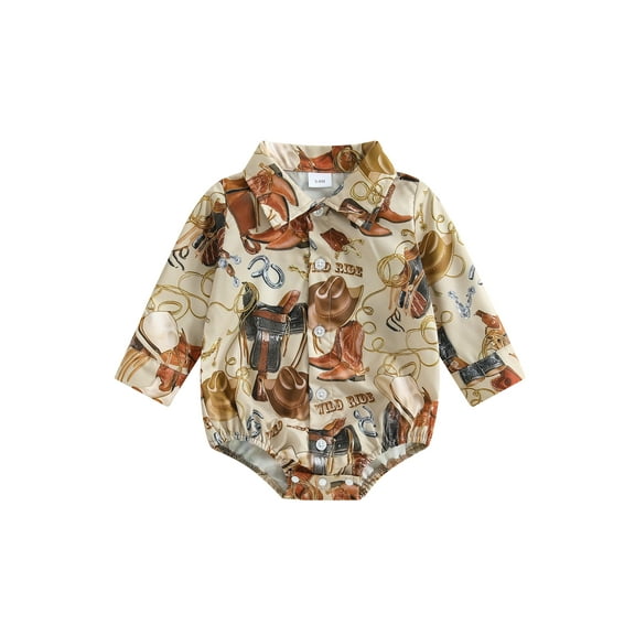 BemeyourBBs Baby Boy Western Shirt Print Collar Long Sleeve Infant Boy Fall Romper