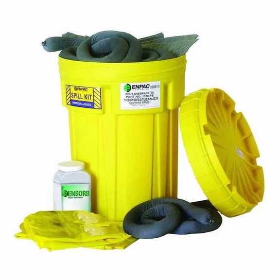 Spill Kit, 28 gal Volume Absorbed per Kit, 30 gal Capacity, Drum, Yellow, 58