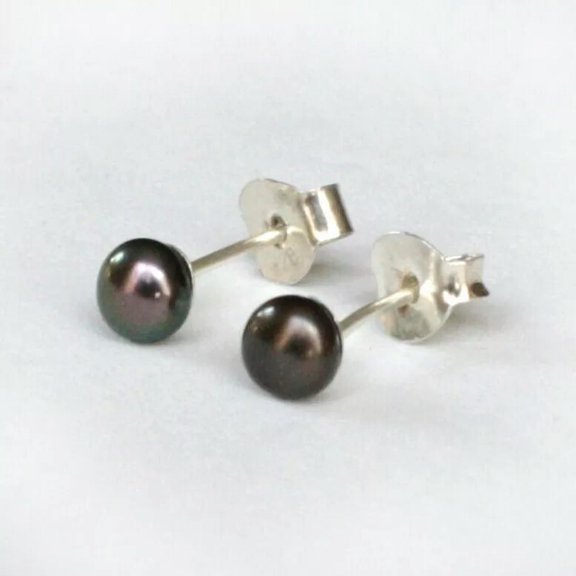 K-KED Solid Sterling 925 Silver 6-7mm Black Dark Freshwater Pearl Stud Earrings