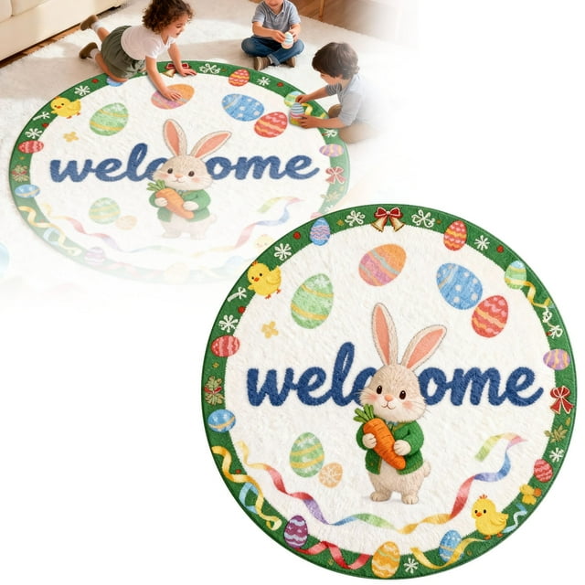 Round Easter Bunny Welcome Mat for Home Absorbent Non Durable Polyester Floor Rug Round Bunny Pattern Living Room Entrance Use Indoor Mat