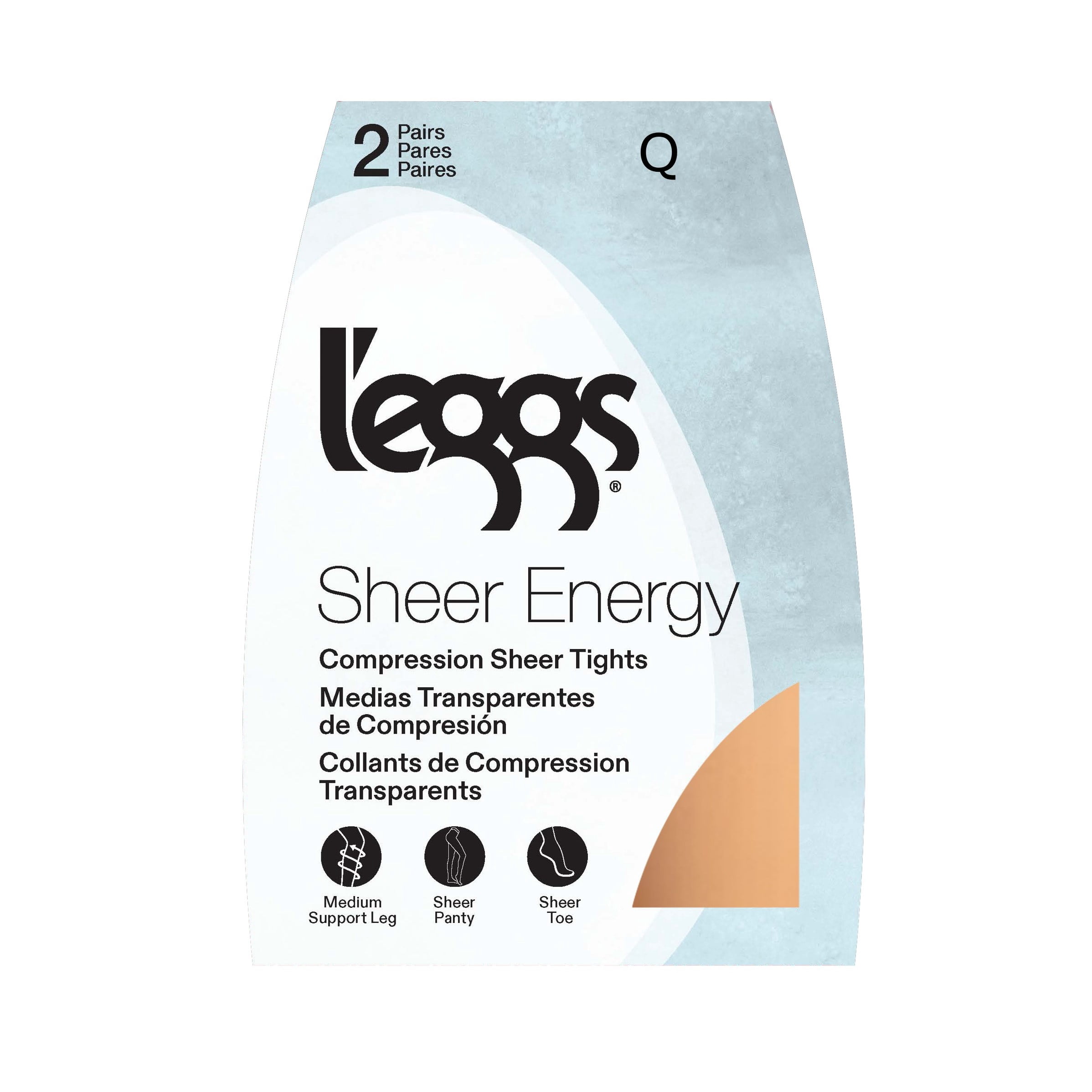L'eggs Women's Sheer Energy Medium Leg Support Control Top Sheer Tights Sheer Toe, 2 Pair