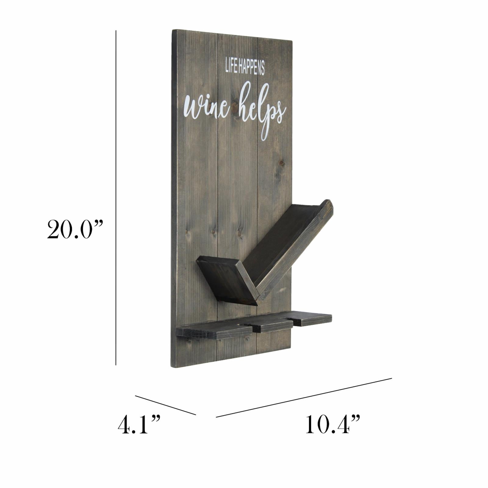 Elegant Designs 20" Lucca Wooden Wall Mounted Wine Bottle & Glass Shelf, "Life Happens Wine Helps", Restored Wood