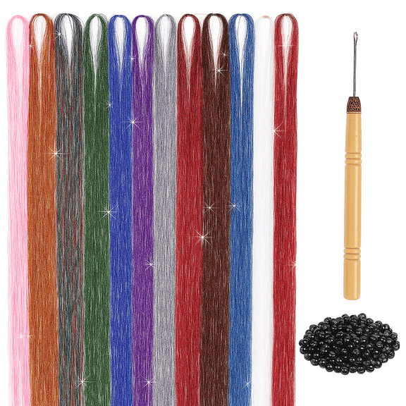 Hair Tinsel Kit 12 Colors 47inch 2400 Strands Silver Glitter Extensions Heat Resistant Party Herbiar