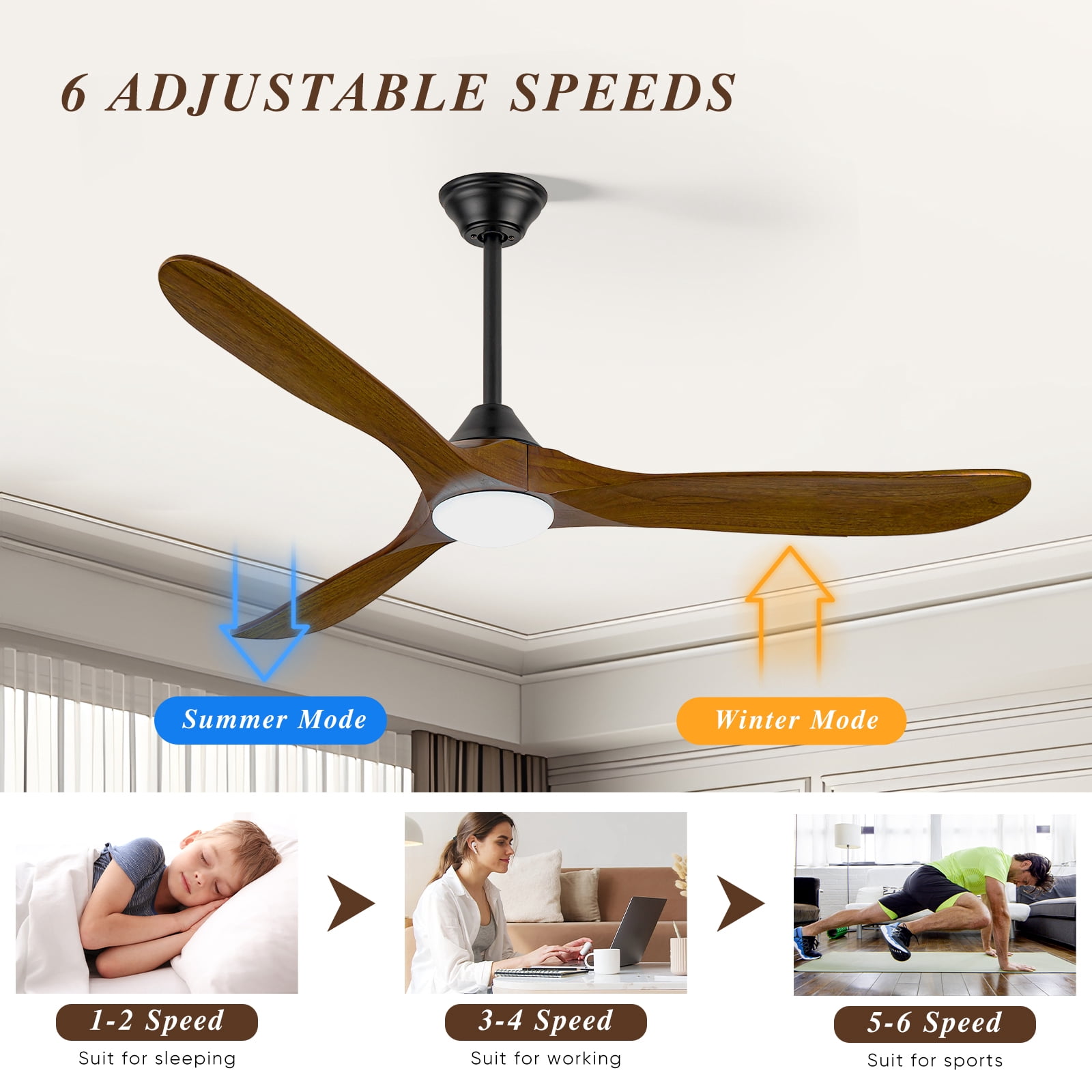 70 inch Farmhouse Wood Ceiling Fan with LED Light and APP Remote Control