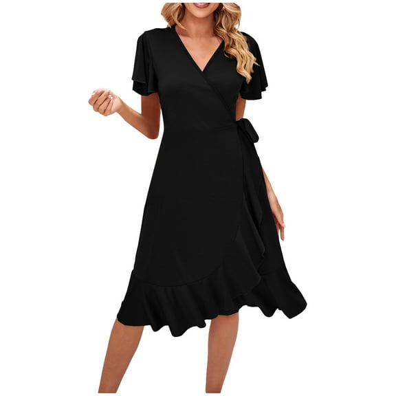 QUYUON Womens Summer Wrap Midi Dress Formal Wedding Guest Dresses V Neck Short Sleeve Beach Sundress Loose Casual Flowy Ruffle Hem Side Tie Knot A-Line Mid-Length Dress Style D-8009 Black S