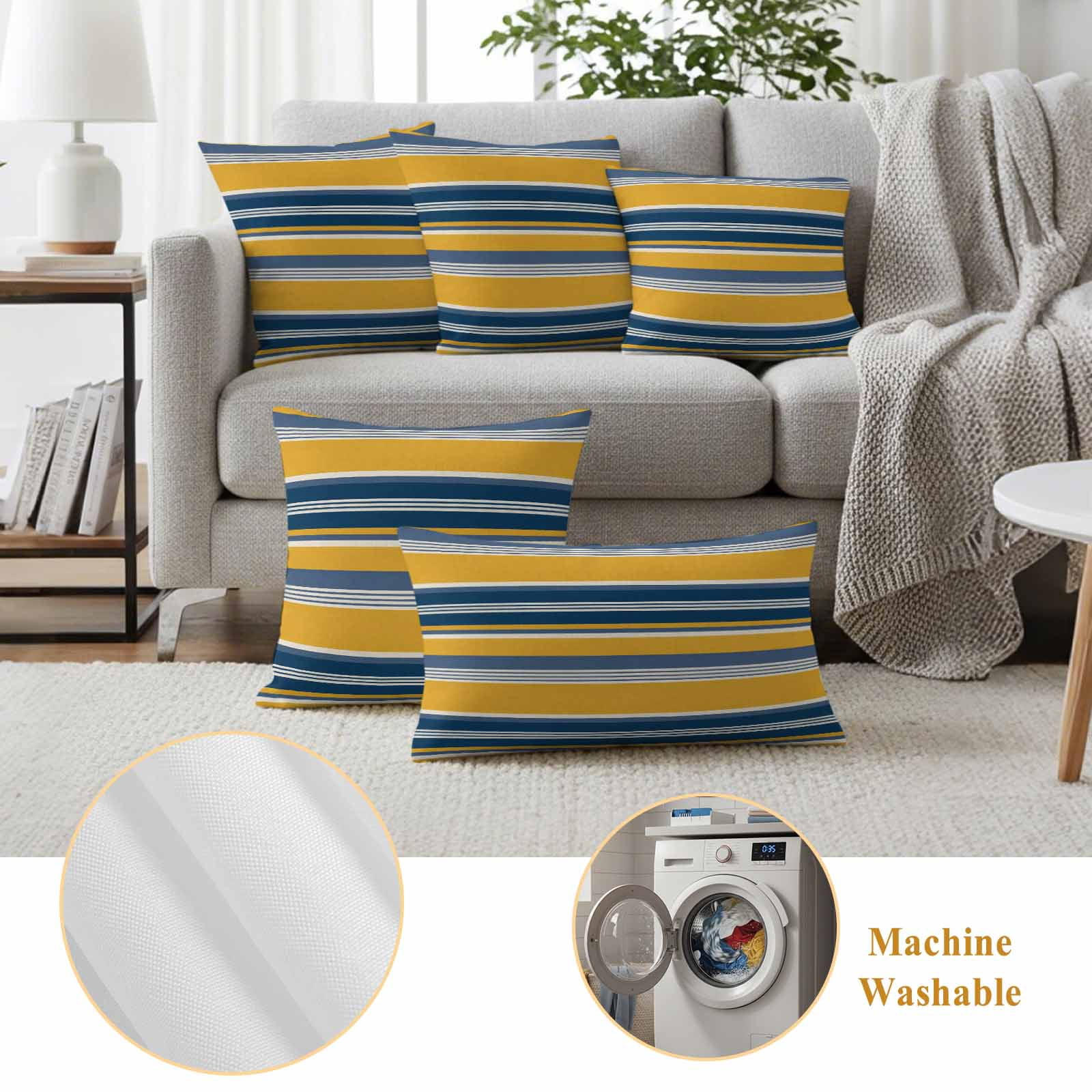 Yellow Blue Striped Outdoor Waterproof Pillow Covers, Farmhouse Vintage Stripe Decorative Square Throw Pillowcase Sofa Cushion Sham for Patio/Couch/Chair, 20"x20" 2 Pack