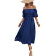 thumbnail image 3 of Innerwin Robes Maxi Couleur Unie Femmes Été Plage Robe de Soirée Manches Courtes Ample Longue Robe Bleu Foncé m, 3 of 6