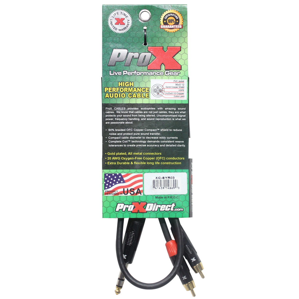 ProX XC-SYR03 3' 1/4" TRS-M Stereo to Dual RCA-M Unbalanced High Performance Audio Cable