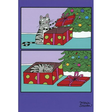 Cheap Funny Christmas Presents Nobleworks Cat Sleeping in Present Humorous / Funny Maria Scrivan Christmas Card ()