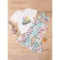 thumbnail image 3 of Bagilaanoe 3Pcs Toddler Baby Girl Easter Outfits Letter Rabbit Print Short Sleeve T-Shirts Tops + Flare Trousers + Headband 12M 18M 24M 3T 4T 5T Kids Long Pants Set, 3 of 9
