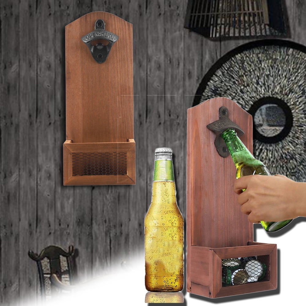 Magnetic Bottle Opener with Cap Catcher Ideal Gift for Men Dad and Beer Lovers Use as Kitchen-Yard-Bar Decoration. Wooden Wall Mounted Opener 