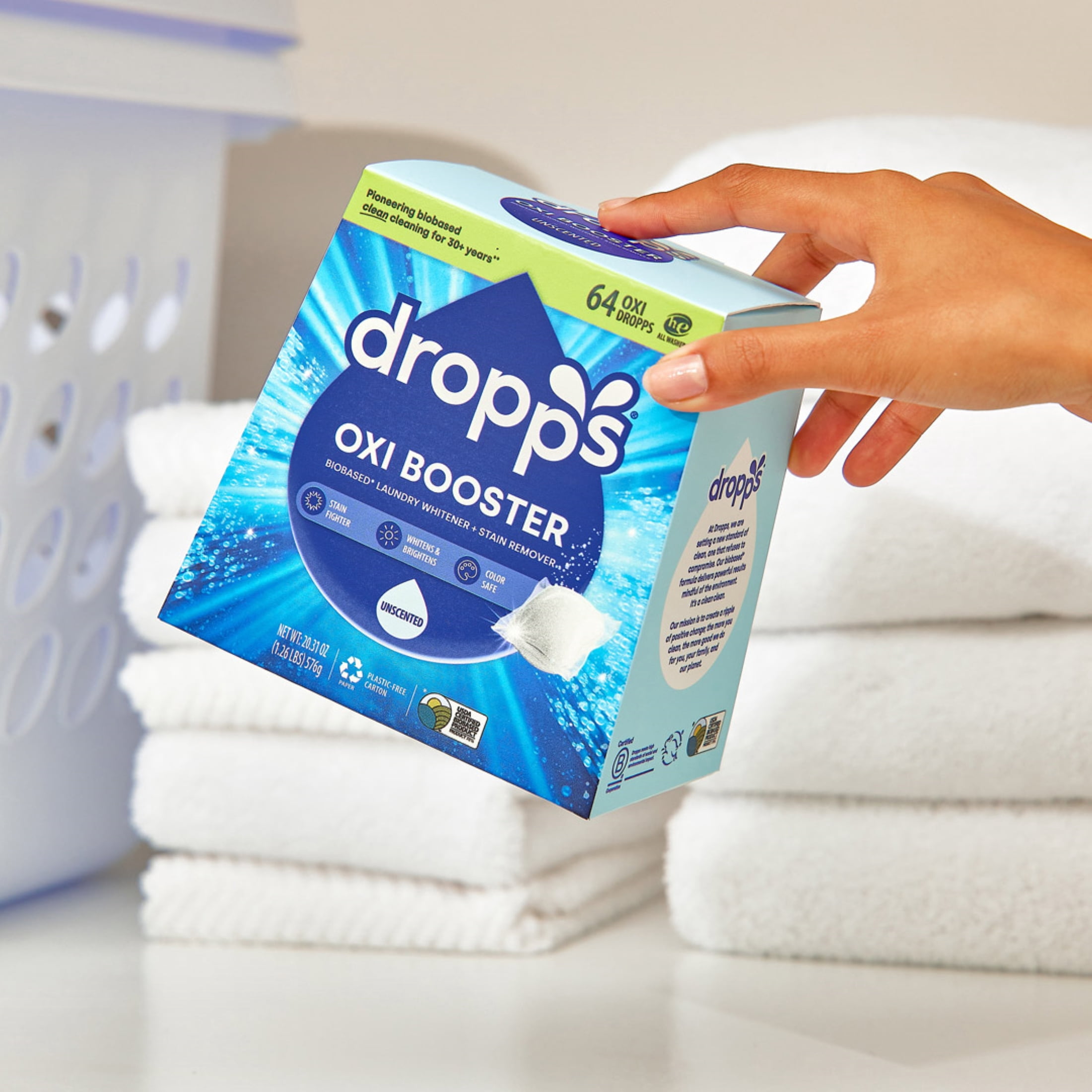 Dropps Oxi Booster Laundry Detergent Pods, Biobased, Unscented, 64 Ct