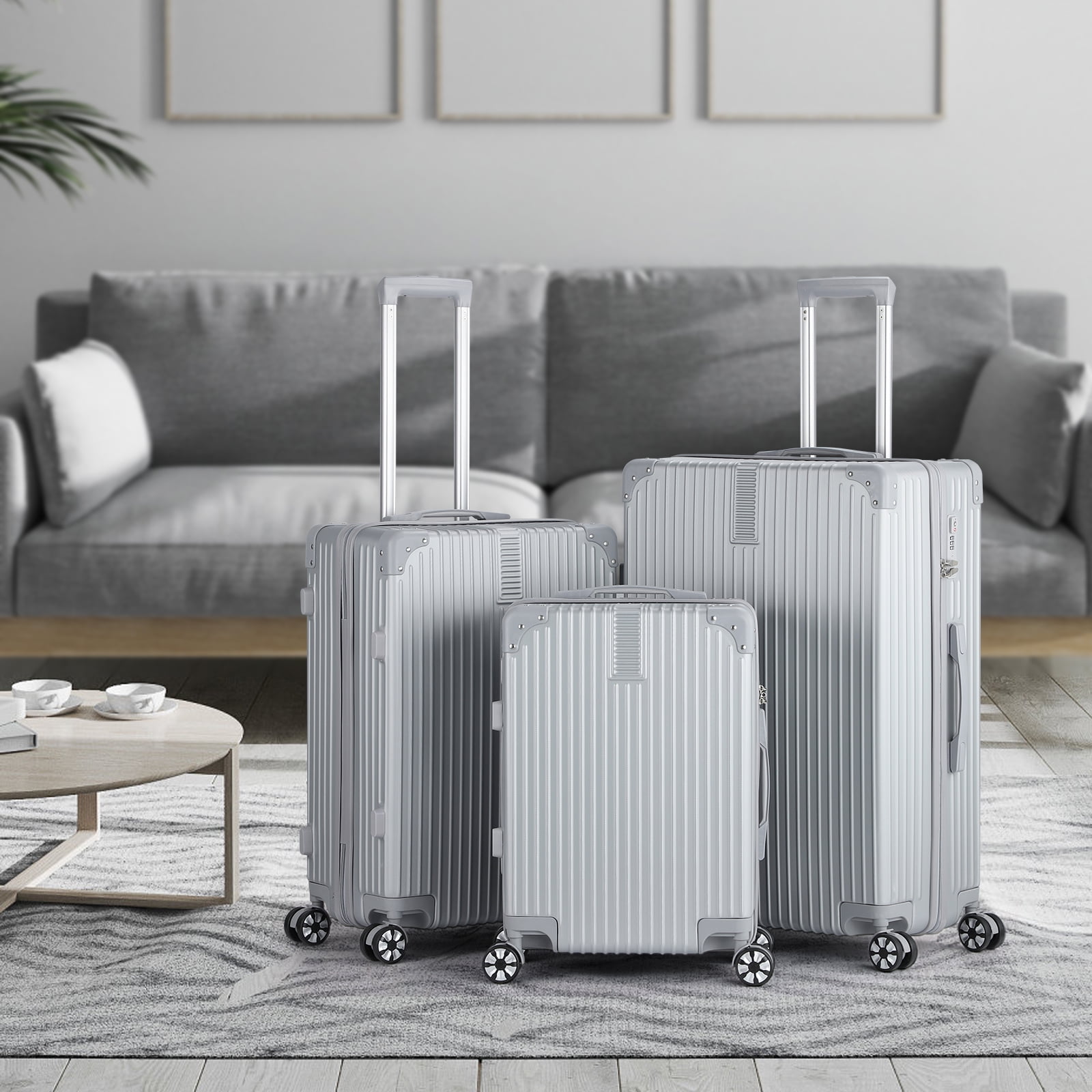 Hikolayae Border Hardside Spinner Luggage Sets in Argent Silver, 3 Piece - TSA Lock